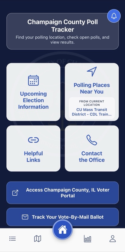 DuPage County IL elections app home screen with polling places, voter registration, and ballot tracking
